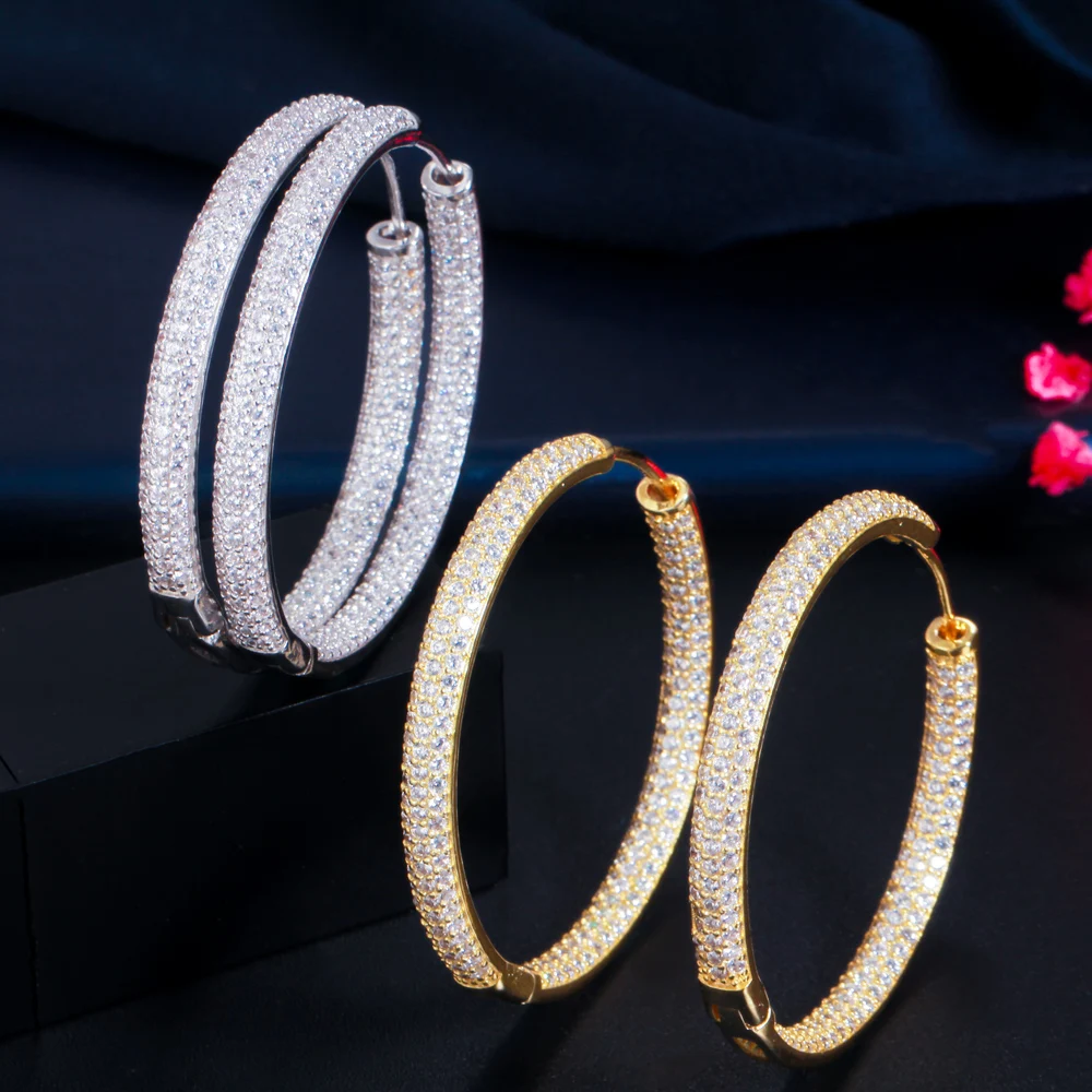 

Stunning Double Sided Cubic Zirconia Big Circle Round Hoop Earrings for Women 2021 Trendy Gold Color Jewelery Dropshipping