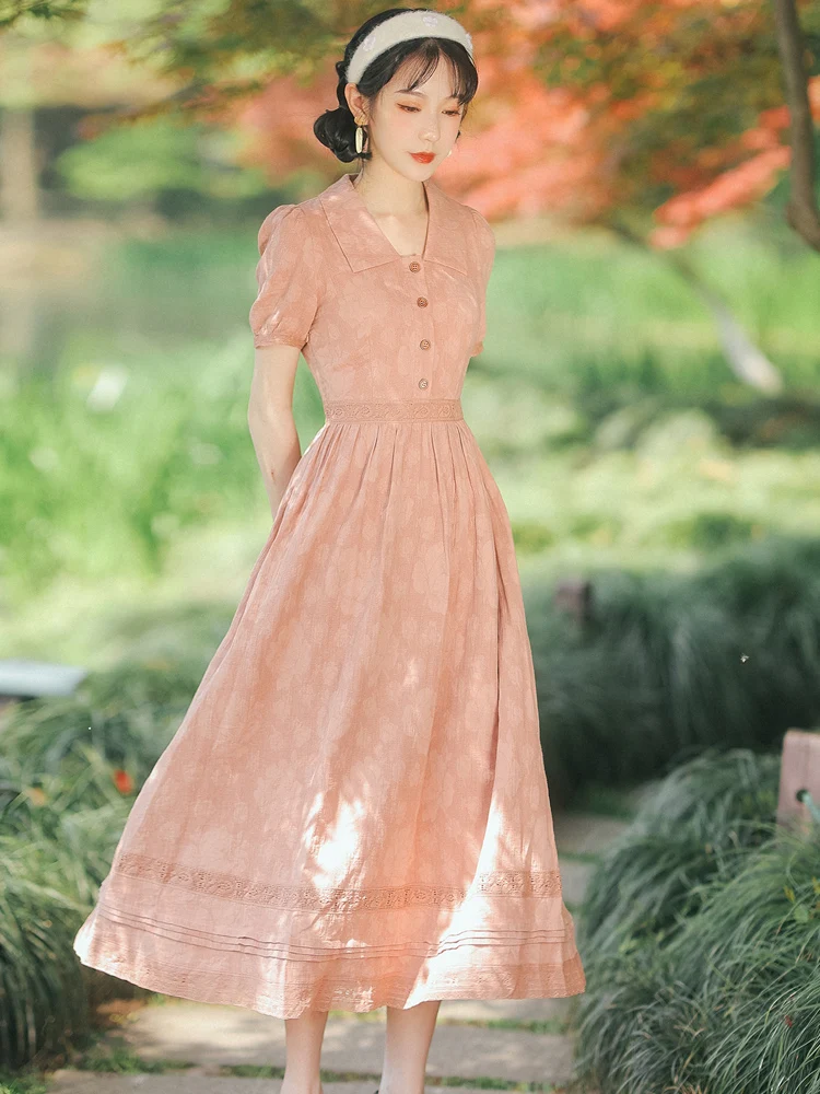 Spot the branch powder orange cotton jacquard lace literary French girls dress in the summer wind 
Spot the branch powder orange cotton jacquard lace literary French girls dress in the summer wind