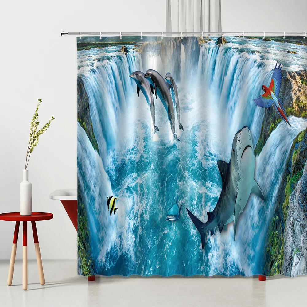 

Summer Landscape Shower Curtain Beautiful Waterfall Scenery Forest Dolphin Parrot Bird River Bathroom Partition Hanging Curtains