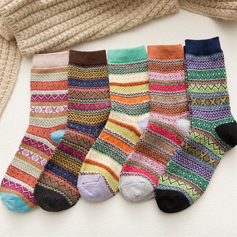 

5 парт/лот теплые шерстяные носки Witner женские толстые хлопковые носки цветные зимние носки в стиле ретро 2022 Рождественский подарок