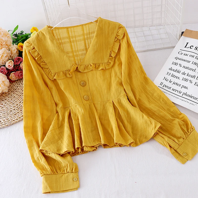 Women's Spring Autumn Shirt Korean Style solid Color Doll Collar Short Top New Long-sleeved Slim Fit Female Blouse Tops GX837
Women's Spring Autumn Shirt Korean Style solid Color Doll Collar Short Top New Long-sleeved Slim Fit Female Blouse Tops GX837