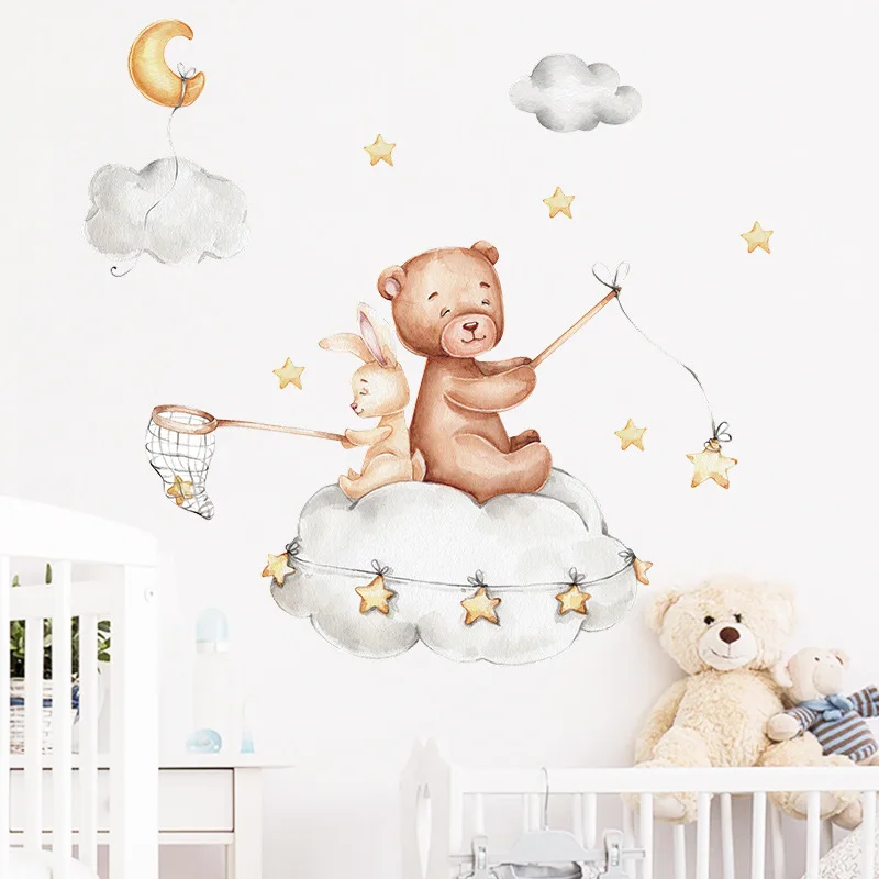 Наклейки на стену с изображением медведя кролика Звезды Луны для детской комнаты
