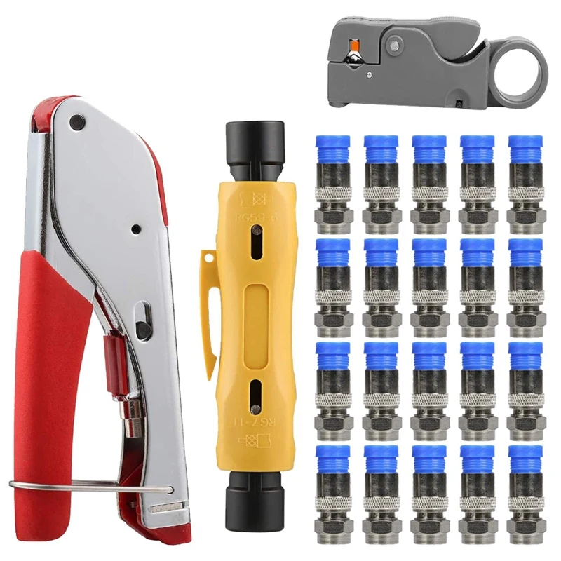 Coax Cable Crimper Coaxial Rg6 Compression Tool Kit with 20Pcs F Rg6 Rg59 Connectors Ended Coax Stripper for Rg7/11 Rg59
Coax Cable Crimper Coaxial Rg6 Compression Tool Kit with 20Pcs F Rg6 Rg59 Connectors Ended Coax Stripper for Rg7/11 Rg59