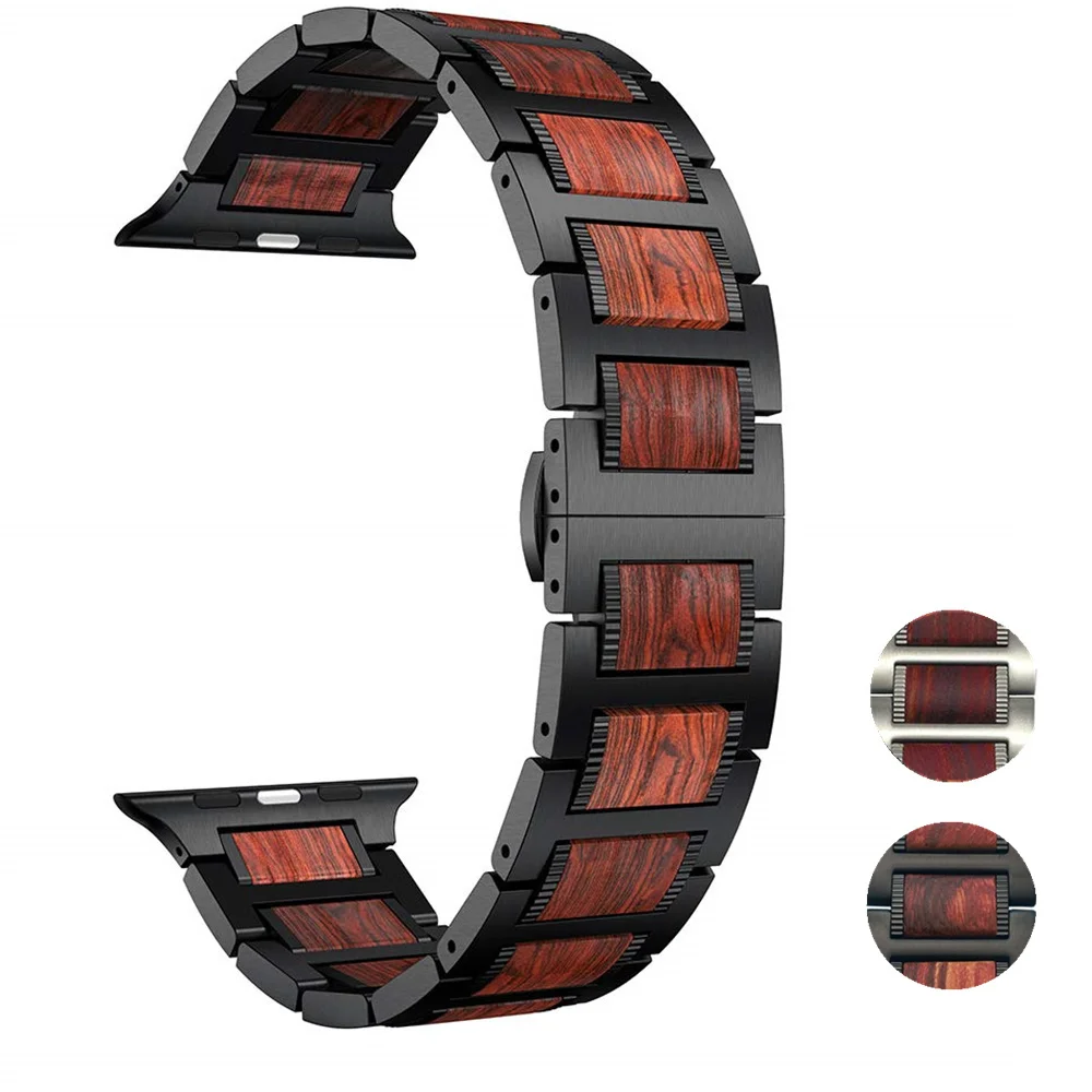 Wood strap for Apple watch band 44mm 40mm Natural Red Sandalwood+Stainless steel bracelet iWatch band 42mm 38mm serie 3 4 5 6 se 
Wood strap for Apple watch band 44mm 40mm Natural Red Sandalwood+Stainless steel bracelet iWatch band 42mm 38mm serie 3 4 5 6 se