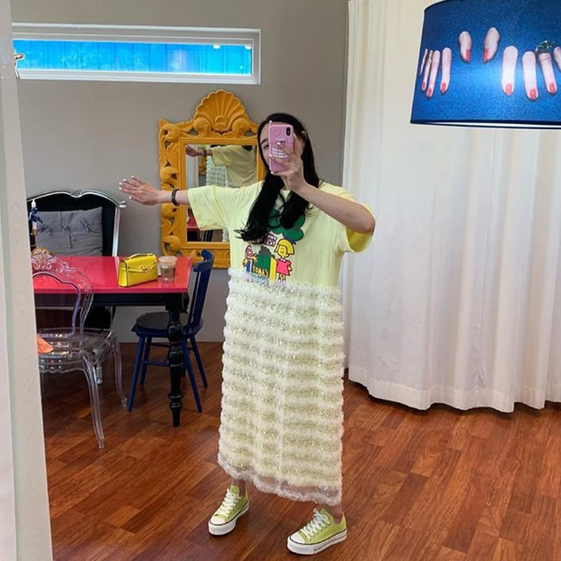 Summer new cartoon print dresses Round neck stitching mesh dresses for women Short sleeve straight Dress 2021
Summer new cartoon print dresses Round neck stitching mesh dresses for women Short sleeve straight Dress 2021