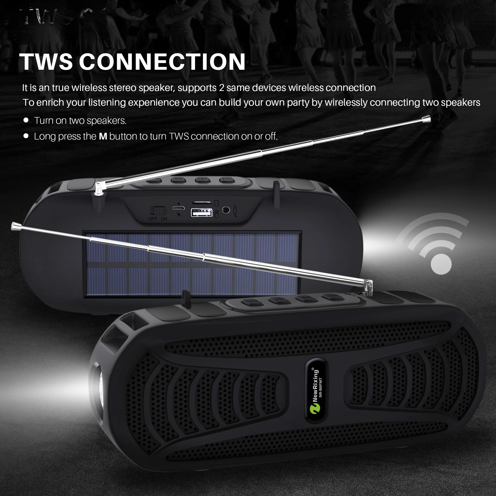 

NR-B6FMT Solar bluetooth 5.0 Subwoofer Outdoor Support TWS FM Radio TF Card HD Bass Stereo Portable Speaker with LED Flashing