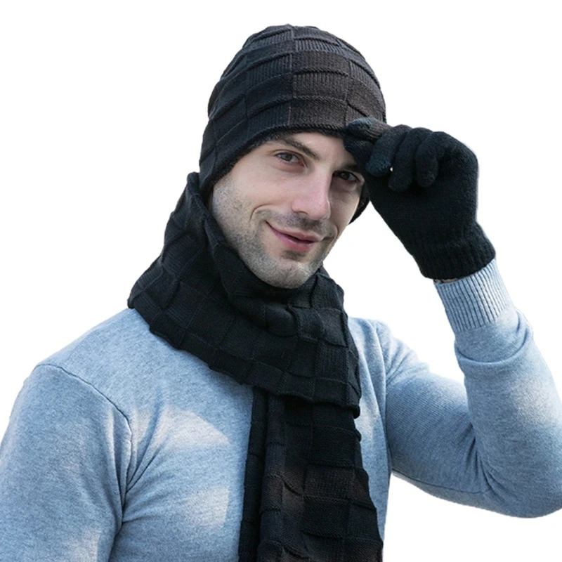 Men Winter 3Pcs Beanie Hat Long Scarf Touch Screen Gloves Set Solid Color Plaid Knit Plush Lined Skull Cap Neck Warmer
Men Winter 3Pcs Beanie Hat Long Scarf Touch Screen Gloves Set Solid Color Plaid Knit Plush Lined Skull Cap Neck Warmer