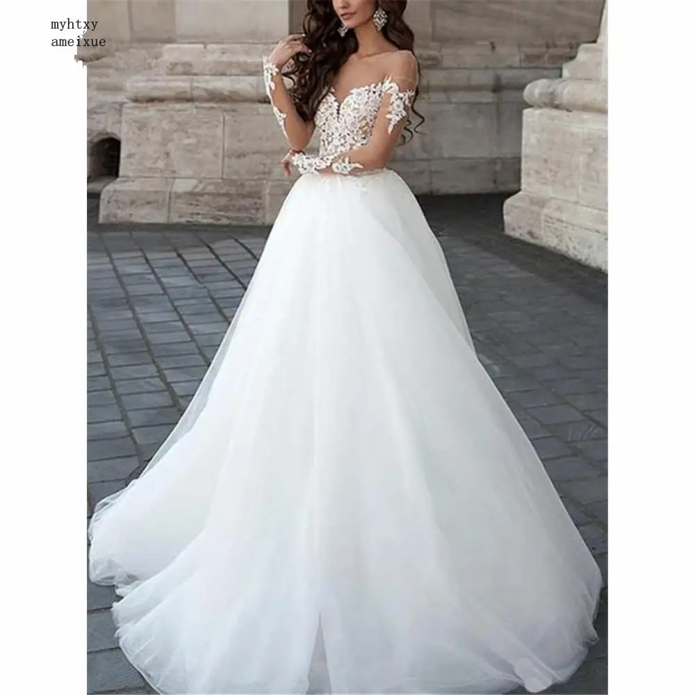 Long Sleeve Sexy Wedding Dresses Tulle White Lace Appliques Puffy Illusion Wedding Gowns Simple Boho Vestido De Noiva Luxury
Long Sleeve Sexy Wedding Dresses Tulle White Lace Appliques Puffy Illusion Wedding Gowns Simple Boho Vestido De Noiva Luxury