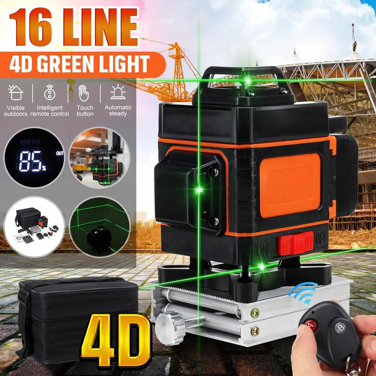 4D Cross Line Self-leveling Laser Level 16 lines Super Powerful Green Beam Li-ion Battery with Storage Box Carry Case EU PLUG
4D Cross Line Self-leveling Laser Level 16 lines Super Powerful Green Beam Li-ion Battery with Storage Box Carry Case EU PLUG