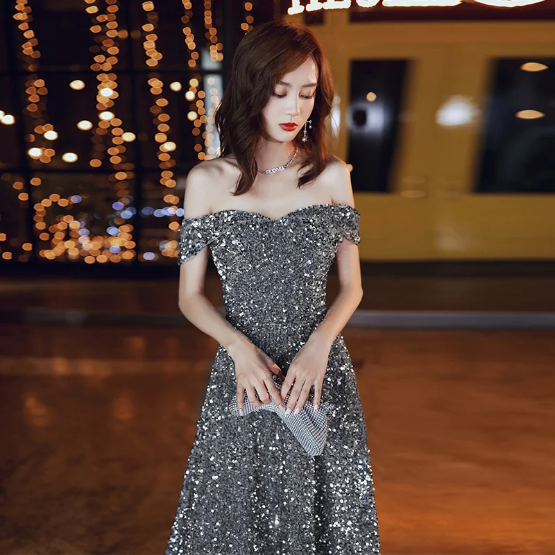 New Evening Dress Gray Sequins Long Off-The-Shoulder Fashion Prom Dress A-Line Temperament Elegant Queen Party Evening Gowns
New Evening Dress Gray Sequins Long Off-The-Shoulder Fashion Prom Dress A-Line Temperament Elegant Queen Party Evening Gowns