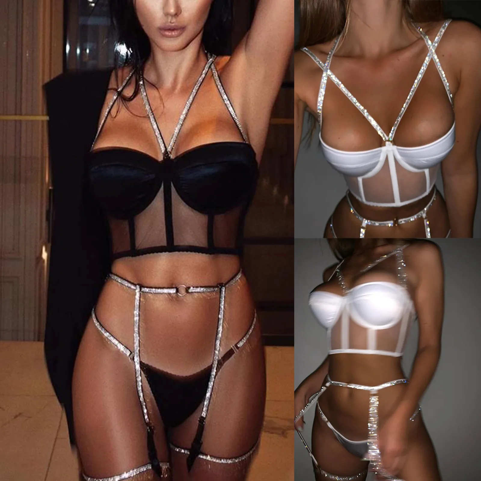Bra & Brief Sets Woman Luxury Sexy Mesh Splice Bra Flashing Diamond Straps Lingerie Set Ladies Nightclub Party Underwear T6 
Bra & Brief Sets Woman Luxury Sexy Mesh Splice Bra Flashing Diamond Straps Lingerie Set Ladies Nightclub Party Underwear T6