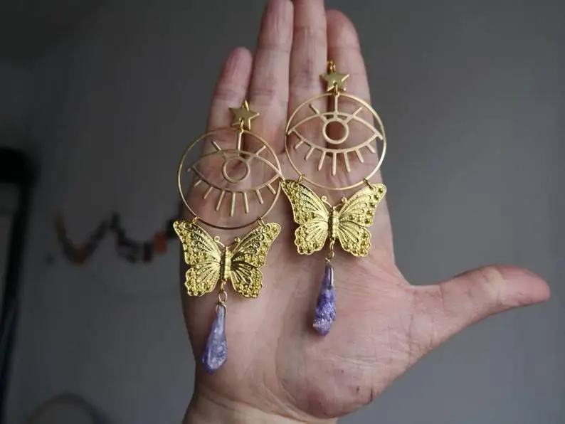 Natural Butterfly Earrings Amethyst Earrings gold plated Amethyst Jewelry Boho Bohemian Gift For Her