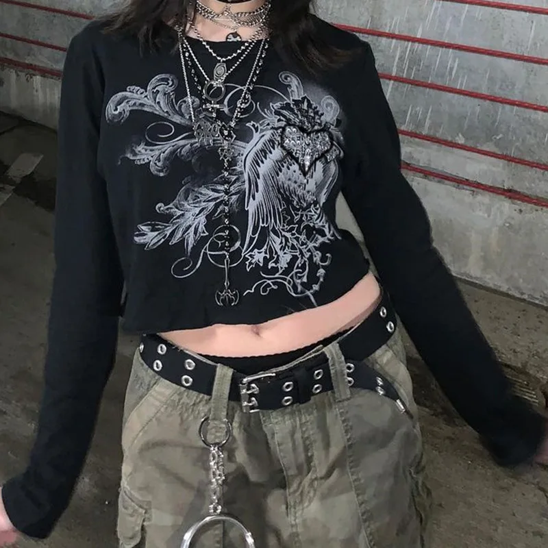 Женский топ с длинным рукавом и круглым вырезом, в готическом стиле 
Женский топ с длинным рукавом и круглым вырезом, в готическом стиле
