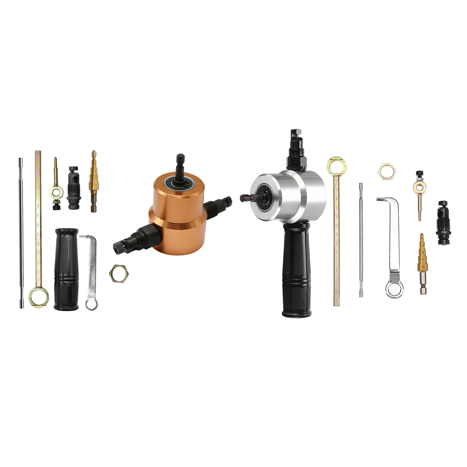 360 Degree Rotating Double Head Thin Sheet Metal Cutter, Nibbler Drill Attachment for Straight Curve and Circle Cutting 
360 Degree Rotating Double Head Thin Sheet Metal Cutter, Nibbler Drill Attachment for Straight Curve and Circle Cutting