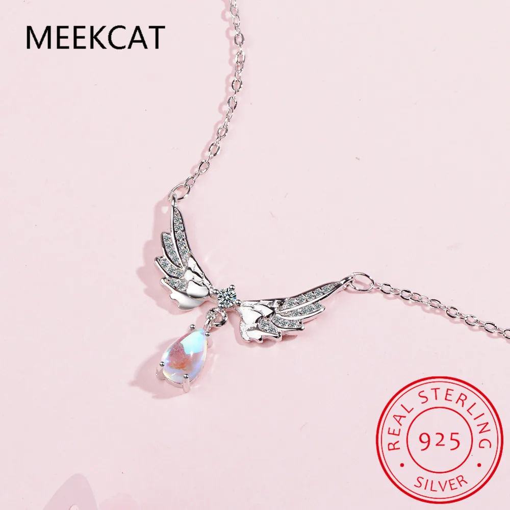 

925 Sterling Silver Inlaid Zircon Angel Wings Necklaces for Women Clavicle Chain Moonstone Pendant Choker Luxury Jewelry