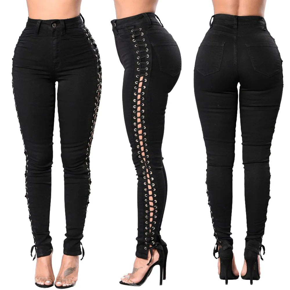 Черные сексуальные джинсы с вырезами облегающие пуш ап штаны высокой талией для