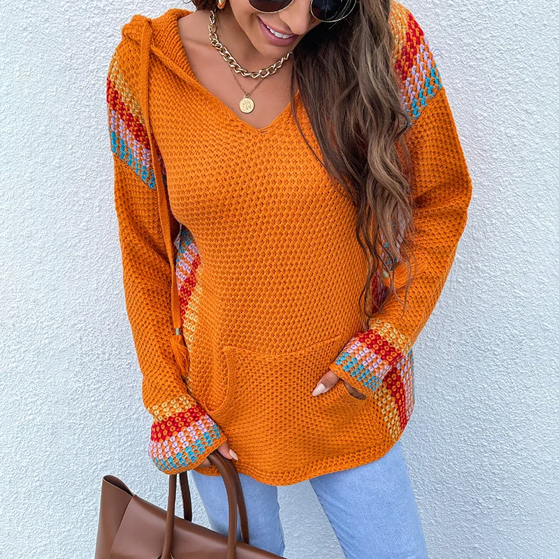 Fashion Women Autumn Long Sleeve V neck Stripes Patchwork Hoodie Pocket Knit Sweater Ladies Girls Femal winter office streetwear
Fashion Women Autumn Long Sleeve V neck Stripes Patchwork Hoodie Pocket Knit Sweater Ladies Girls Femal winter office streetwear