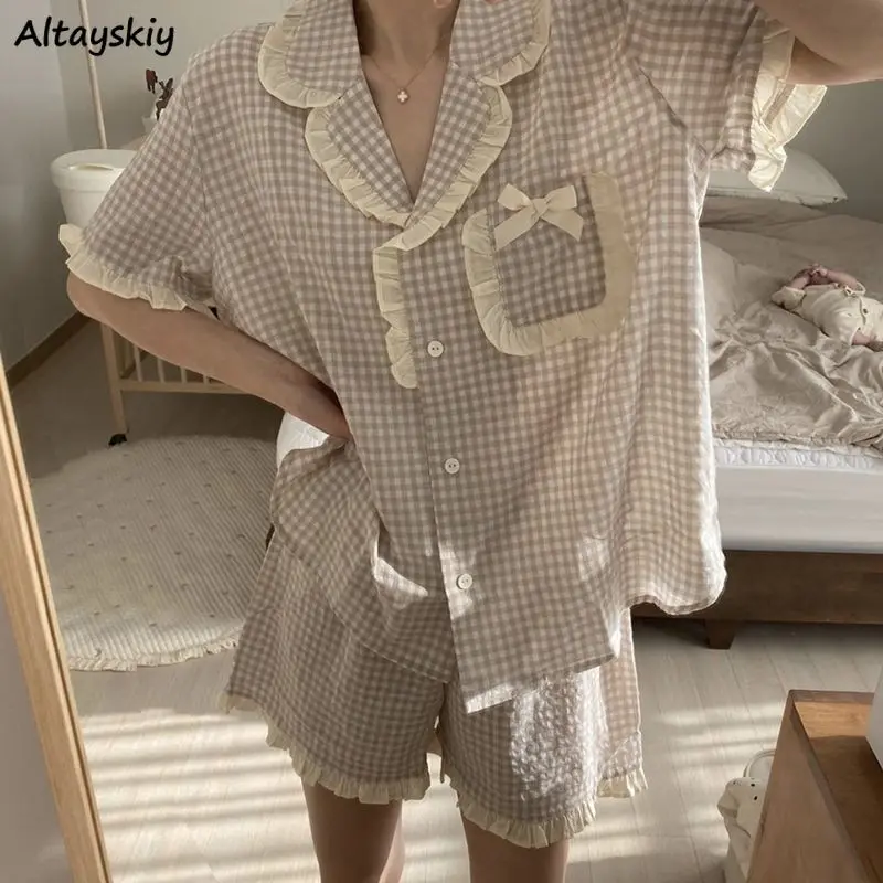 Women Pajama Sets Short Sleeve Plaid Ruffled Sweet Sleepwear Girls Kawaii Summer Thin Breathable Nightwear Ulzzang Baggy Pajamas
Women Pajama Sets Short Sleeve Plaid Ruffled Sweet Sleepwear Girls Kawaii Summer Thin Breathable Nightwear Ulzzang Baggy Pajamas