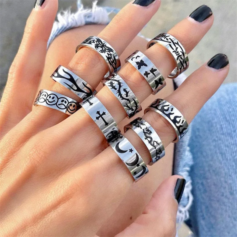 Punk Style Titanium Steel Ring Stainless Steel Ring Smiley Face Crescent Butterfly Cross Ring Retro Creative Ring Couple Ring
Punk Style Titanium Steel Ring Stainless Steel Ring Smiley Face Crescent Butterfly Cross Ring Retro Creative Ring Couple Ring