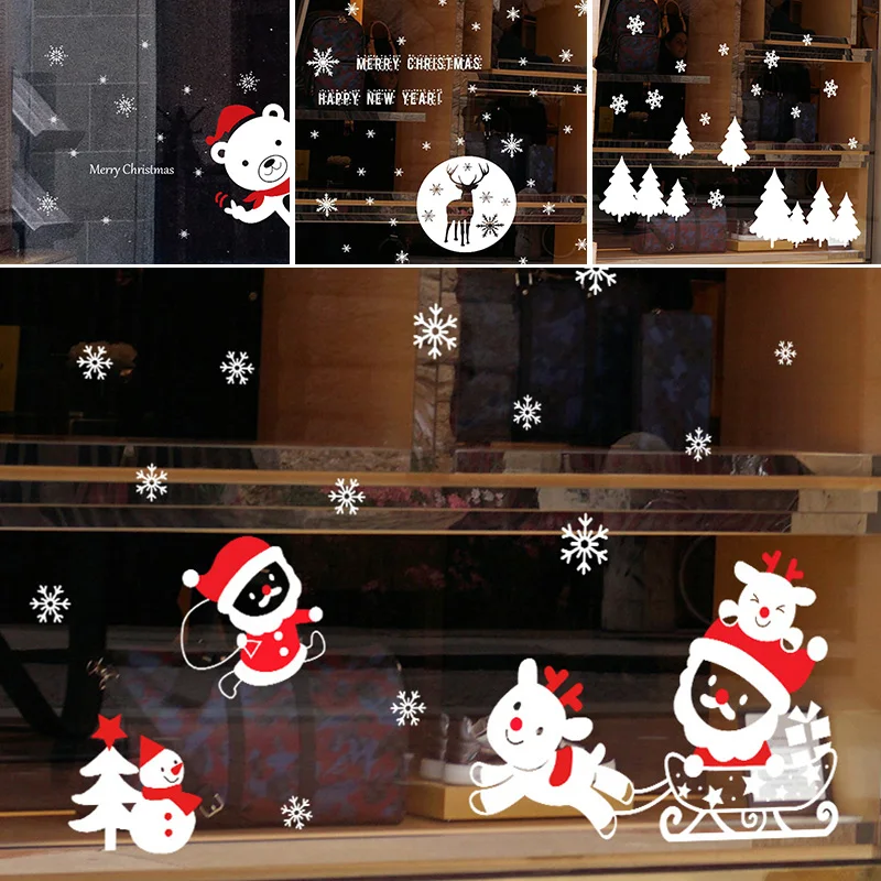 Съемные рождественские наклейки на окна стены Снеговик из ПВХ Дед Мороз Снежинка