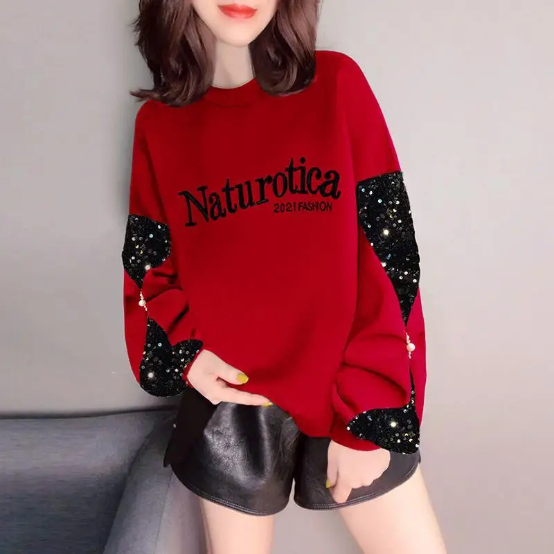 2021 spring women's new age-reducing letter printing sequin stitching crew neck red sweater
2021 spring women's new age-reducing letter printing sequin stitching crew neck red sweater
