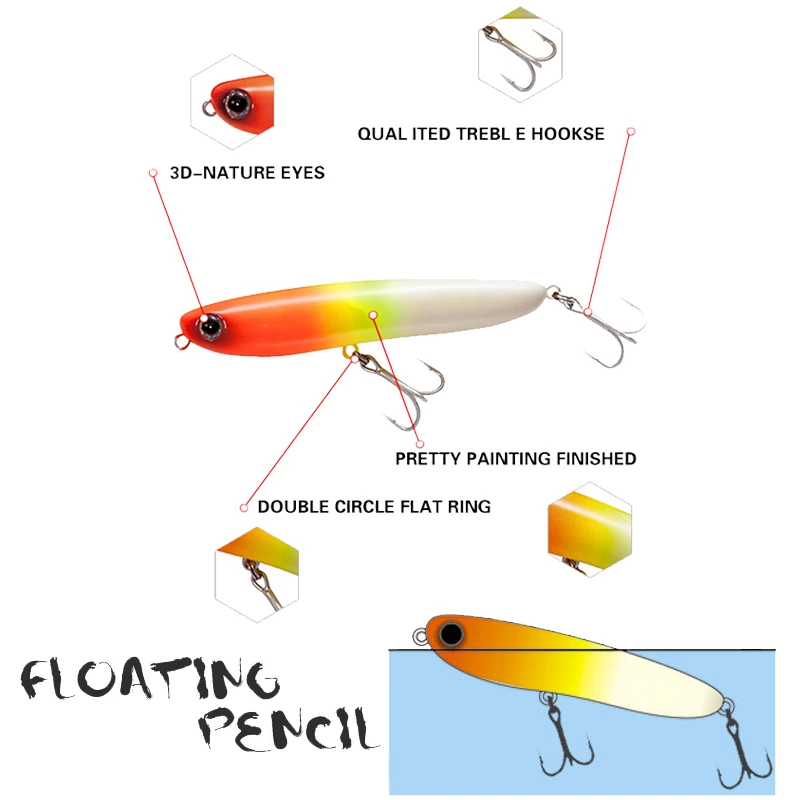 Fishing Lure Pencil Hard Floating Top Water Baits Weights 6.5g 6.7cm Pesca Wobblers Trolling For Carp Fish Lures Artificial Bait
Fishing Lure Pencil Hard Floating Top Water Baits Weights 6.5g 6.7cm Pesca Wobblers Trolling For Carp Fish Lures Artificial Bait