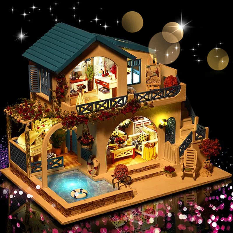 

DIY Large Villa Town Dollhouse Miniature Furniture With LED Doll Houses Assemble Educational Toys Children Christmas Gift Casa