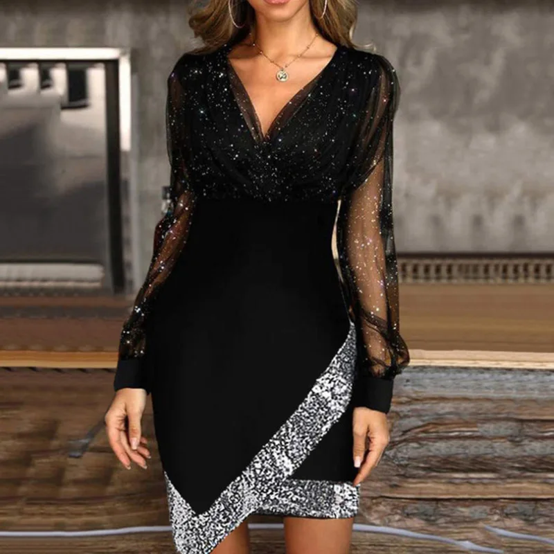 Sexy Mesh Sequin Long Sleeve Mini Dress Elegant V Neck Patchwork Women Party Dress Casual Irregular Shiny A-Line Dresses Vestido
Sexy Mesh Sequin Long Sleeve Mini Dress Elegant V Neck Patchwork Women Party Dress Casual Irregular Shiny A-Line Dresses Vestido