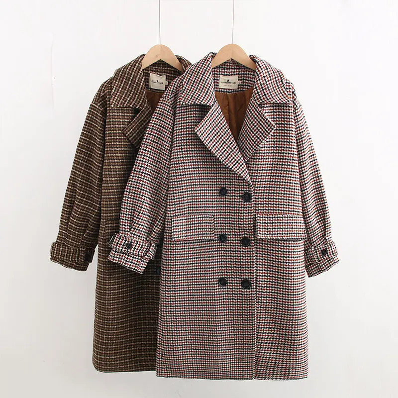 High Quality Spring Winter Women's Casual Double-breasted Loose Houndstooth Woolen Coat
High Quality Spring Winter Women's Casual Double-breasted Loose Houndstooth Woolen Coat