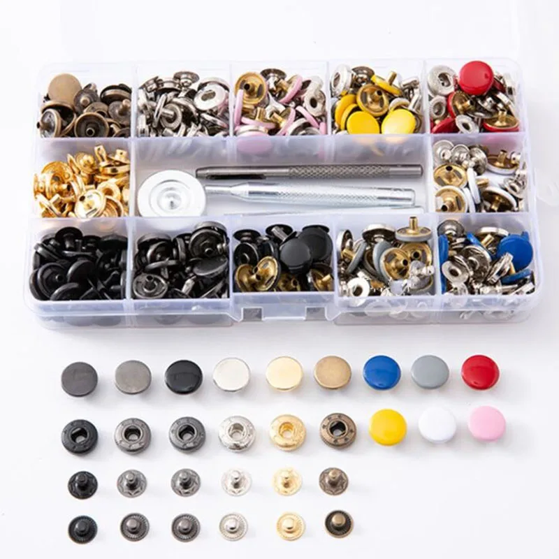 126/146/248pcs Colorful Metal Sewing Snap Button Rivets Eyelets Fasteners Press Studs Kit with Fixing Tools Plier Storage Box 
126/146/248pcs Colorful Metal Sewing Snap Button Rivets Eyelets Fasteners Press Studs Kit with Fixing Tools Plier Storage Box