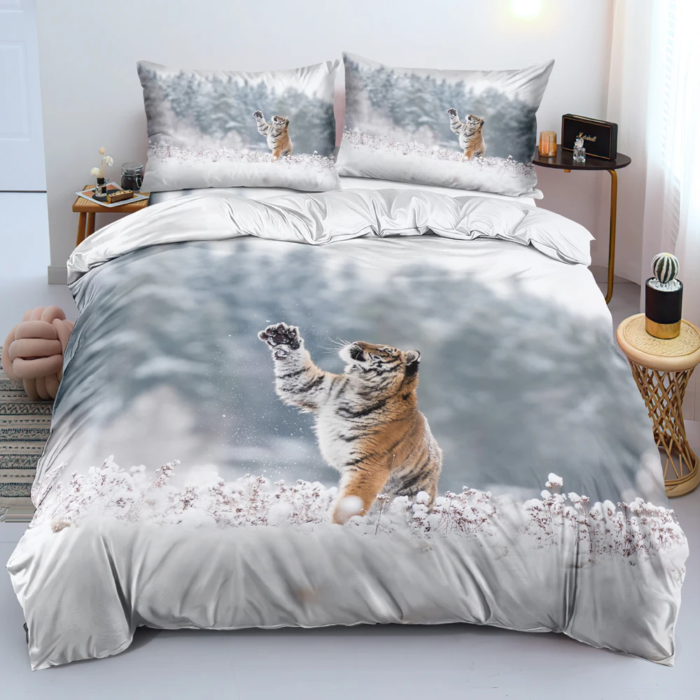 

3D Snow Baby Tiger Duvet Cover Set Double-sided Comforter/Quilt Cover Set Twin Queen King Size 245x210cm Bed Linen for Adults