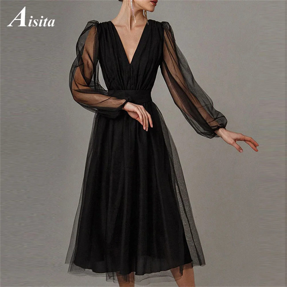 Hot Long Sleeves Tea Length Evening Dresses A-line Elegant V Neck Women Prom Party Dress Robes De Soirée Vestidos De Fiesta
Hot Long Sleeves Tea Length Evening Dresses A-line Elegant V Neck Women Prom Party Dress Robes De Soirée Vestidos De Fiesta