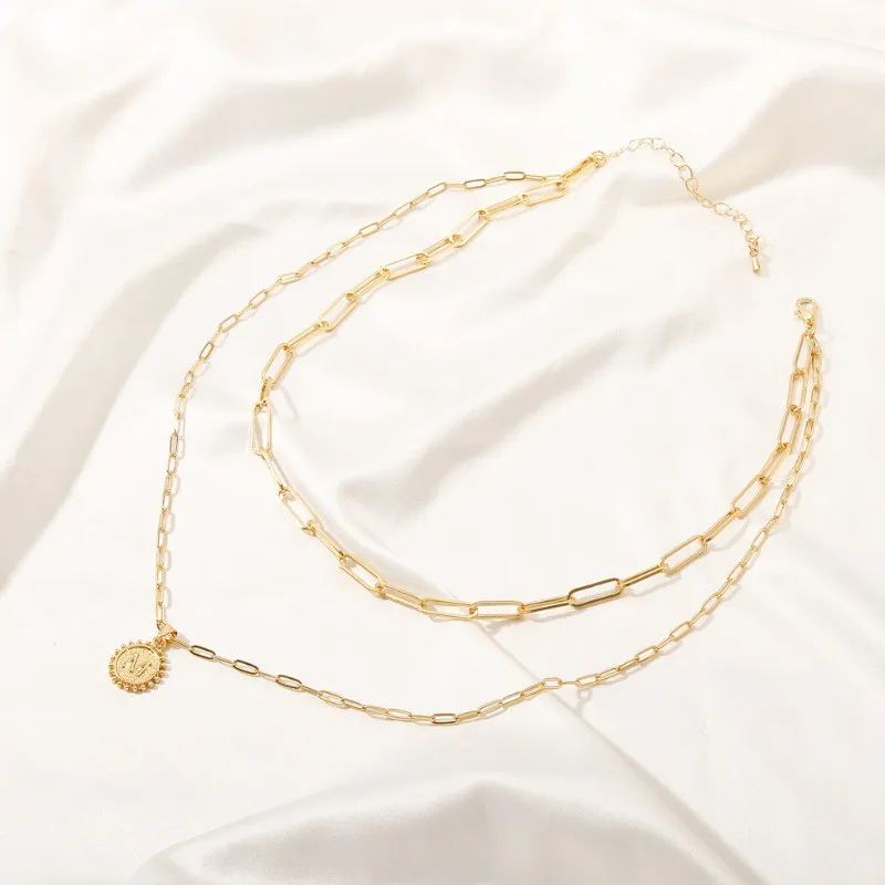 Cearive Retro Alloy Double Layer Letter Pendant Necklace for Women 2021