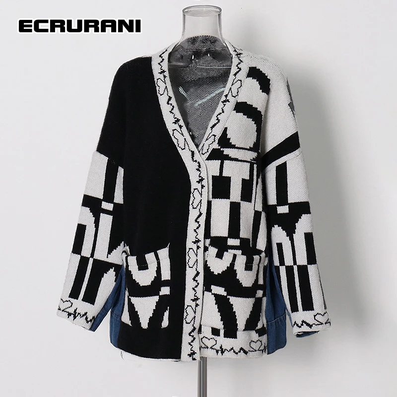 ECRURANI Print Patchwork Sweater For Women V Neck Long Sleeve Loose Pockets Casual Open Stitch Sweaters Female 2021 New Clothing
ECRURANI Print Patchwork Sweater For Women V Neck Long Sleeve Loose Pockets Casual Open Stitch Sweaters Female 2021 New Clothing
