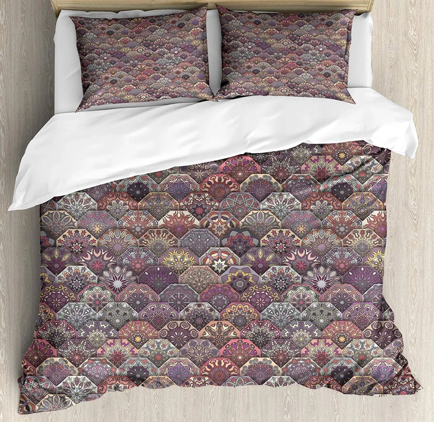 Moroccan Duvet Cover Set Colorful Vintage Floral Mandala Pastel Hexagonal Overlapping Design Mexican Ornate 3 Piece Bedding | Дом и сад