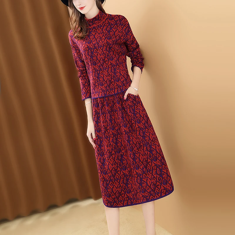 Only Plus Winter Women Skirt Suit Printed Woolen Knitted 2 Pieces Set Vintage Casual Red Sets 2020 New Design | Женская одежда