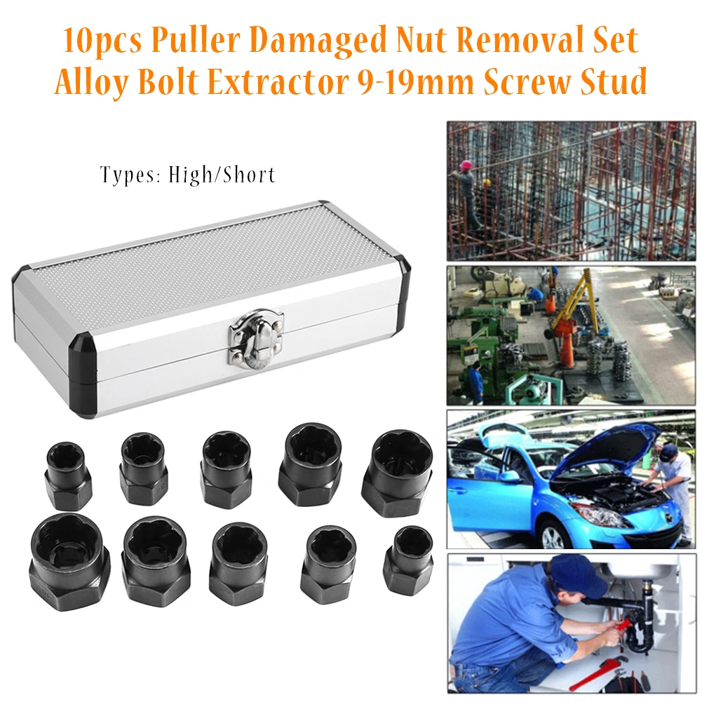 10pcs Damaged Nut Removal Set Instant Threading Hand Tools Puller 9-19mm With Box Screw Stud Bolt Extractor High Short Type
10pcs Damaged Nut Removal Set Instant Threading Hand Tools Puller 9-19mm With Box Screw Stud Bolt Extractor High Short Type