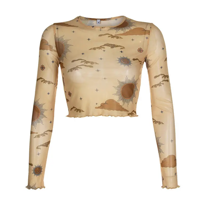 Sexy Sun-printed Mesh T-shirt 2021 Female Net Yarn Perspective O Neck Long-sleeved Party Summer See-through T Shirts Streetwear
Sexy Sun-printed Mesh T-shirt 2021 Female Net Yarn Perspective O Neck Long-sleeved Party Summer See-through T Shirts Streetwear