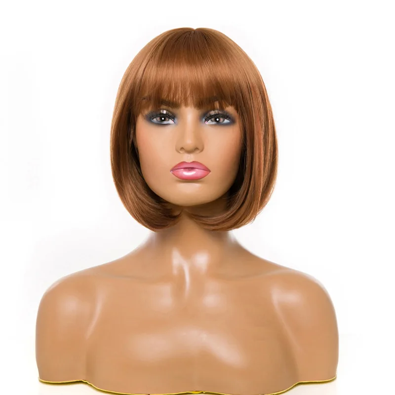 

Lady Short Brown Bob Straight Wig Synthetic Wig With Bang Heat Resistant Fiber For Women Daily Party Use Nature Looking Wig
