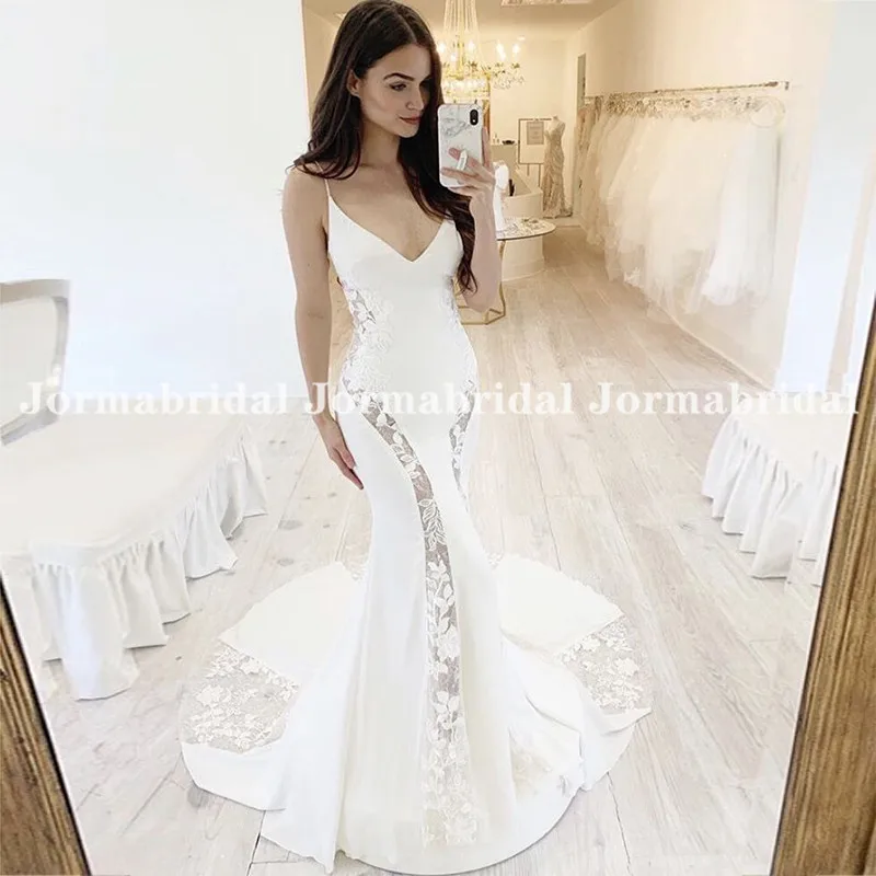 2021 Robe De Marie V-Neck Mermaid Wedding Dresses Custom Made Sexy Spaghetti Straps Appliqued Bridal Gowns With Chapel Train
2021 Robe De Marie V-Neck Mermaid Wedding Dresses Custom Made Sexy Spaghetti Straps Appliqued Bridal Gowns With Chapel Train