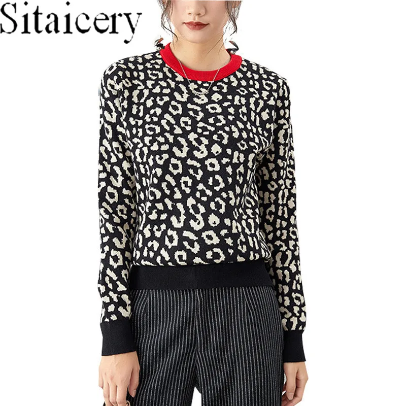2020 Autumn Winter Women Sweaters Leopard Knitted Pullovers Long Sleeve Contrast Color Crewneck Jumpers Loose Women's Sweater
2020 Autumn Winter Women Sweaters Leopard Knitted Pullovers Long Sleeve Contrast Color Crewneck Jumpers Loose Women's Sweater