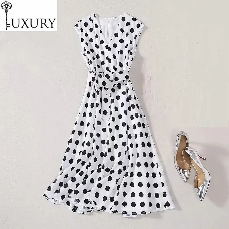 Women's 2020 Summer Princess Style Ladies V-Neck Polka Dot Print Belt Deco Sleeveless Mid-Calf Length Casual White Dress
Women's 2020 Summer Princess Style Ladies V-Neck Polka Dot Print Belt Deco Sleeveless Mid-Calf Length Casual White Dress