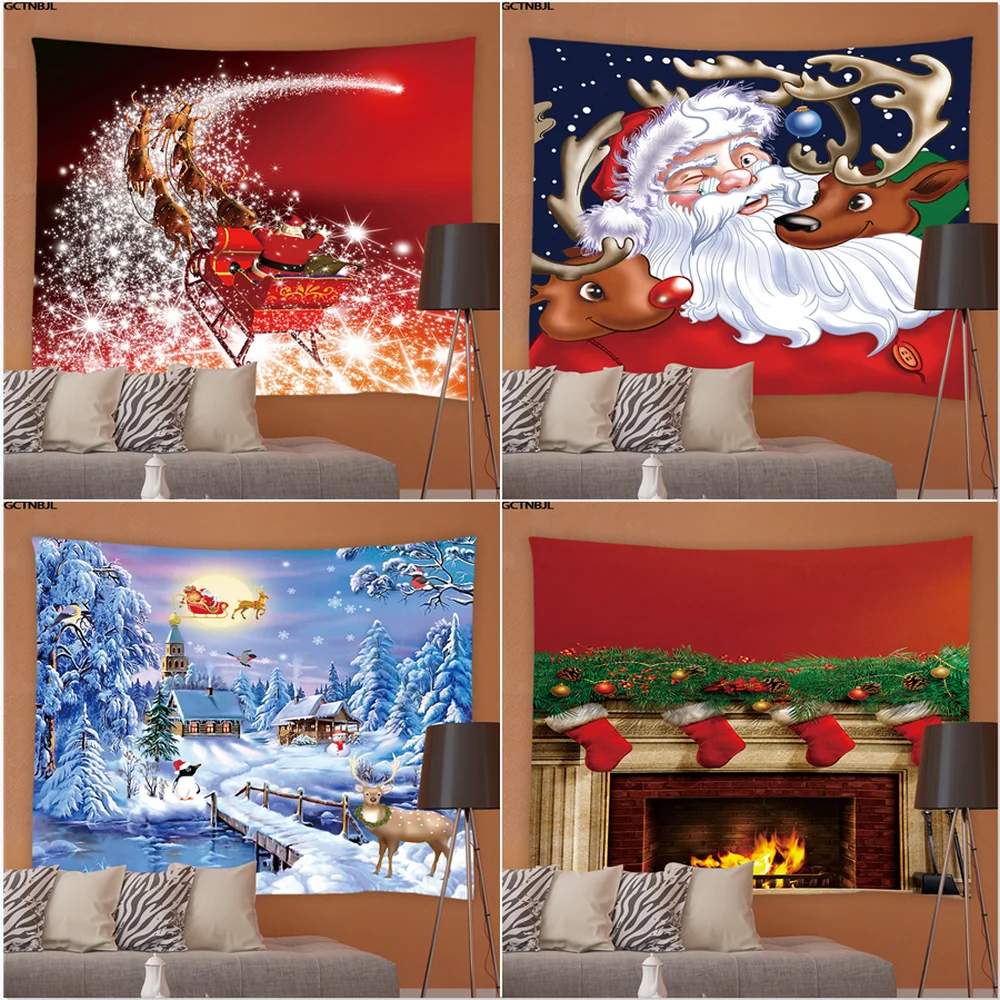 

Christmas Wall Hanging Tapestry Santa Claus Fireplace Elk Tree Living Room Cartoons Tapestries Hippie Bedroom Background Cloth