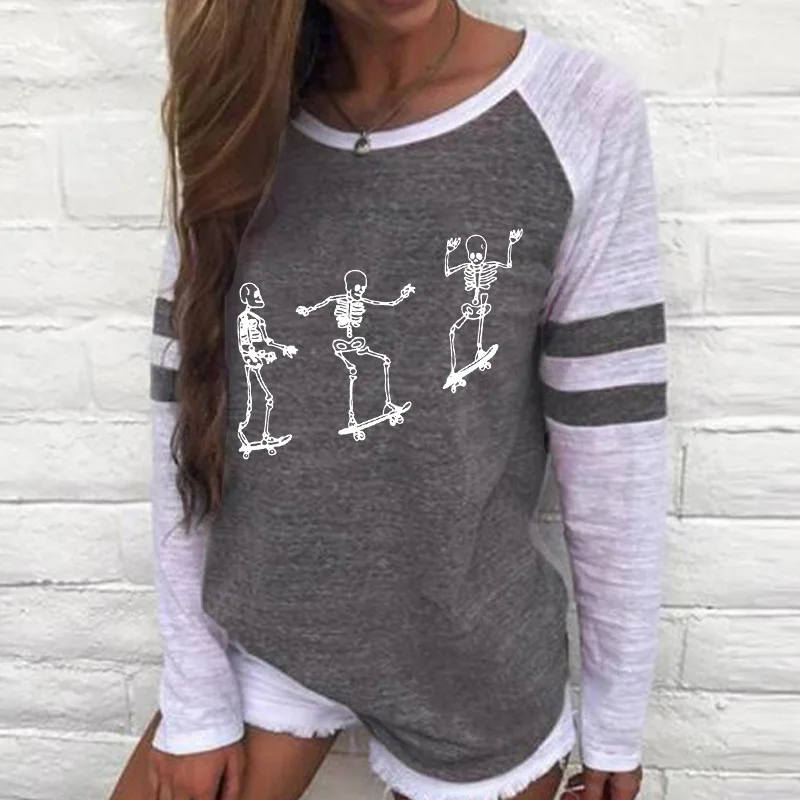 Women Fall Patchwork Long Sleeve T Shirt Round Neck Long Sleeve Casual Loose Halloween Skeleton Print T-shirts Female Tops Tees 
Women Fall Patchwork Long Sleeve T Shirt Round Neck Long Sleeve Casual Loose Halloween Skeleton Print T-shirts Female Tops Tees