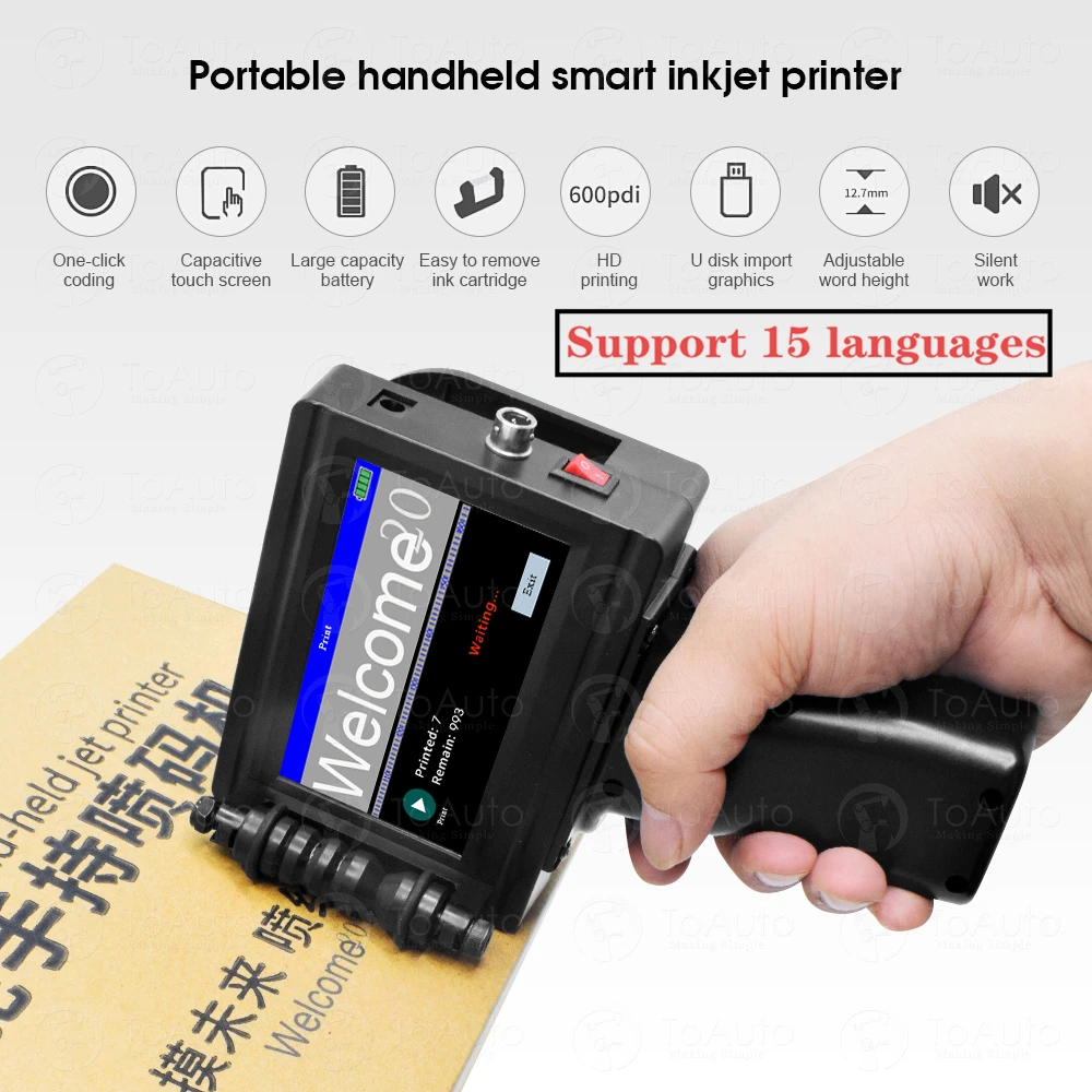15 Languages Handheld Inkjet Printer 12.7mm 600DPI Touch Screen Logo Qr Bar Batch Code Date Number Label Printer with Sensor
15 Languages Handheld Inkjet Printer 12.7mm 600DPI Touch Screen Logo Qr Bar Batch Code Date Number Label Printer with Sensor