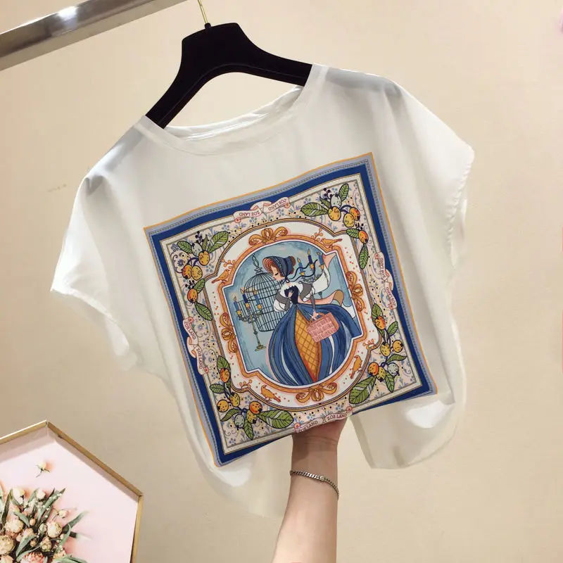 Round Neck Retro Print Short-sleeved Chiffon Shirt Women Summer Cartoon Korean Version Loose Western Style Bottoming Shirt Top
Round Neck Retro Print Short-sleeved Chiffon Shirt Women Summer Cartoon Korean Version Loose Western Style Bottoming Shirt Top