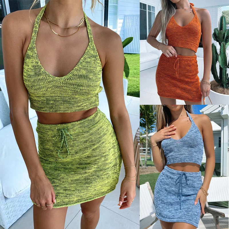 Casual Sexy Women's Skirt Sets 2 Piece Suit Summer 2021 Fashion Tracksuit Navel Sling Knitted Halter Backless Mini Hip Skirt
Casual Sexy Women's Skirt Sets 2 Piece Suit Summer 2021 Fashion Tracksuit Navel Sling Knitted Halter Backless Mini Hip Skirt