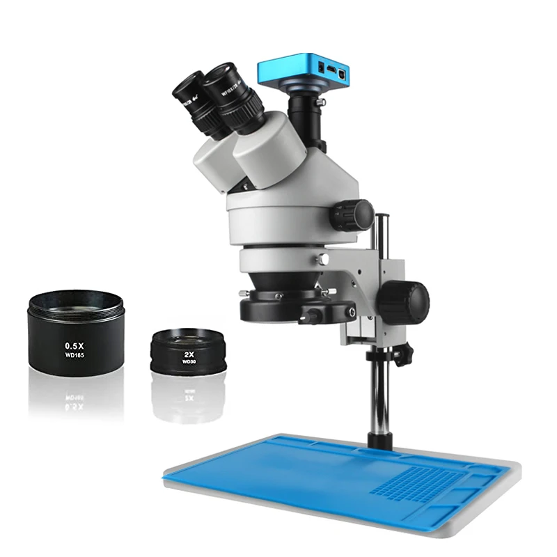 

Тринокулярный микроскоп 7X-45X с большой настольной подставкой и стерео зумом, WF10X, 0,5x, 2,0x, Вспомогательный объектив, цифровая камера 38MP HDMI 1080P