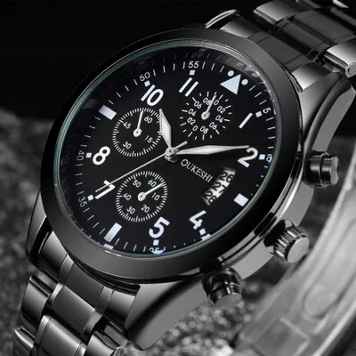 Мужские часы OUKESHI брендовые черные кварцевые бизнес нержавеющая сталь мужские