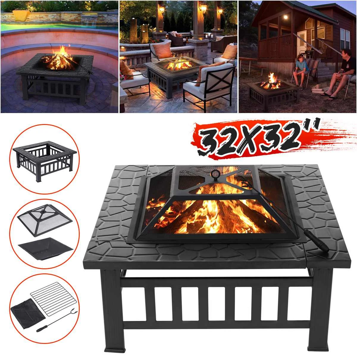 32inch Square Fire Pit Table Outdoor Wood Burning BBQ Grill Charcoal Firepit Metal Stove with Cover Garden Patio Backyard Caming
32inch Square Fire Pit Table Outdoor Wood Burning BBQ Grill Charcoal Firepit Metal Stove with Cover Garden Patio Backyard Caming
